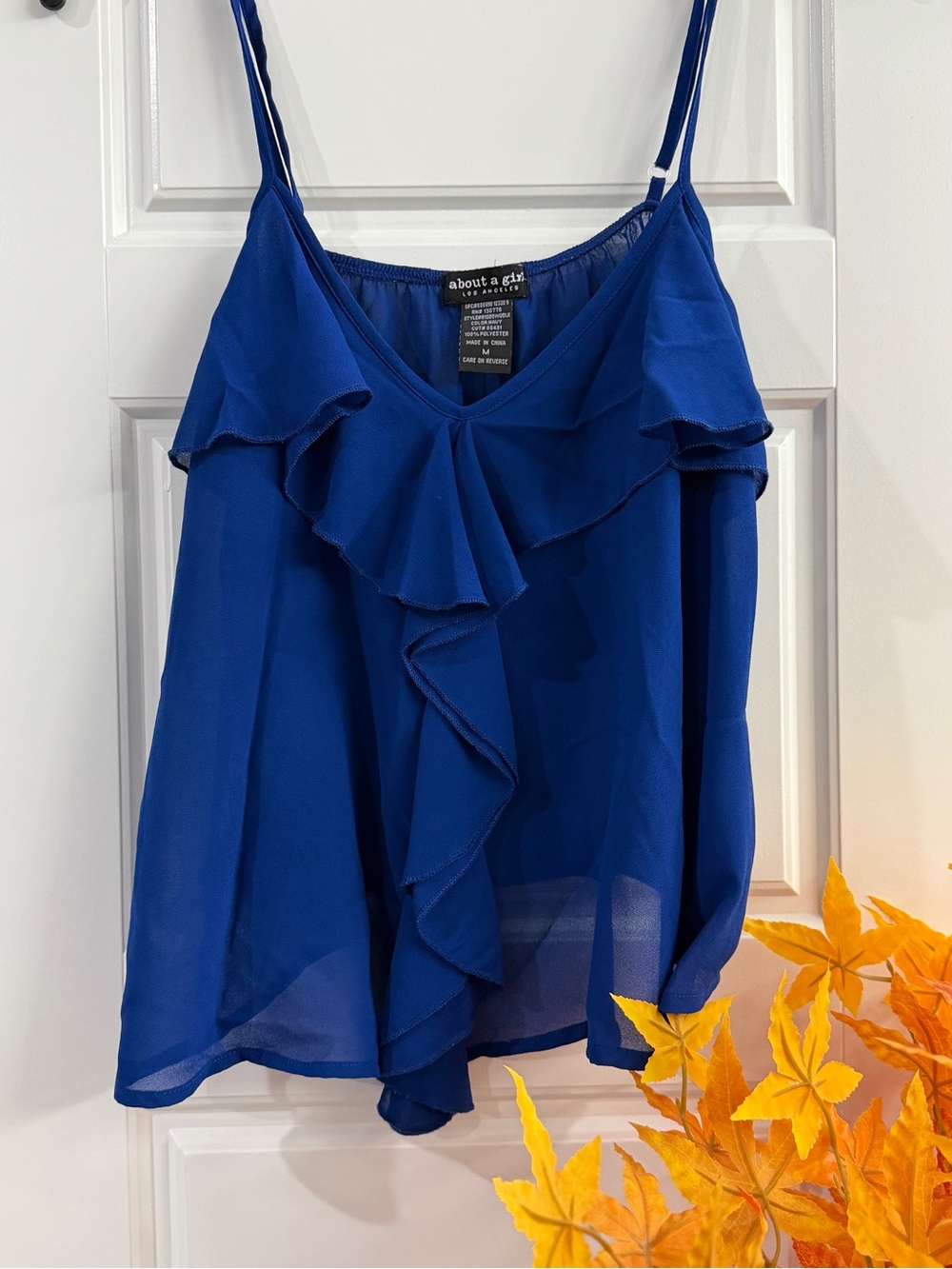 About A Girl Cobalt Blue Ruffle Spaghetti Strap Cami